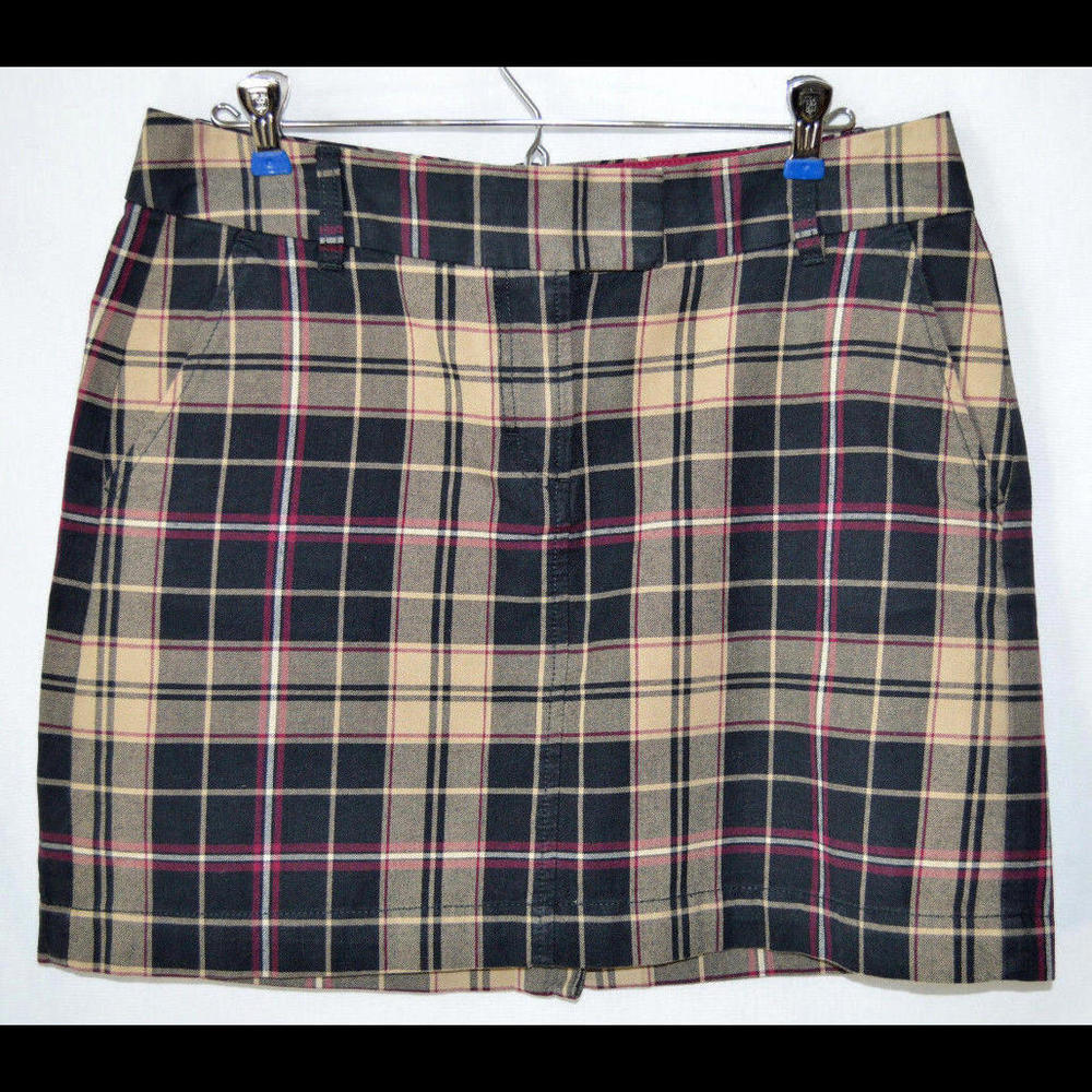 Tommy Hilfiger Skirt Black/Tan/Maroon Plaid Cotton Pockets Women's Size 6